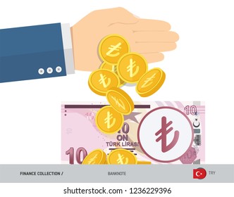 Hand tosses coins near 10 Turkish Lira Banknote. Flat style vector illustration. Finance concept.