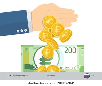 Hand tosses coins near 200 Russian Ruble banknote. Flat style vector illustration. Finance concept.