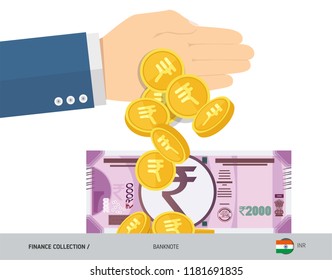 Hand tosses coins near 2000 Indian Rupee Banknote. Flat style vector illustration. Finance concept. svg