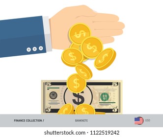 Hand tosses coins near 5 US Dollar Banknote. Flat style vector illustration. Finance concept.