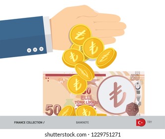 Hand tosses coins near 50 Turkish Lira Banknote. Flat style vector illustration. Finance concept.