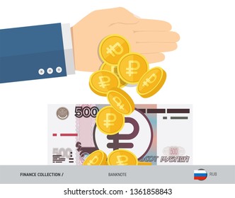 Hand tosses coins near 500 Russian Ruble banknote. Flat style vector illustration. Finance concept.