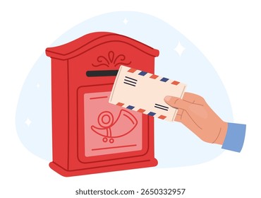 Mão joga envelope com carta na caixa de correio vermelha. Entrega de correspondência. Endereço da caixa postal. Caixa de correio exterior. Envie e receba emails em papel. Comunicação de postagem de mensagens