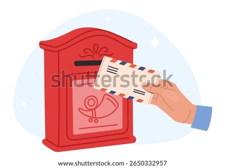 Hand tosses envelope with letter into red mailbox. Correspondence delivery. Postbox address. Outdoor letterbox. Send and receive paper mail. Post messages communication