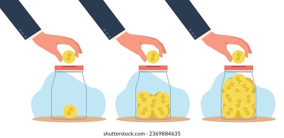 Hand tosses gold coins into piggy bank with varying amounts of money. Make financial saving in glass jar, income and cash on deposit metaphor. Cartoon flat style isolated vector concept