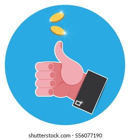 Hand tossing bright gold coins. Thumb up. svg