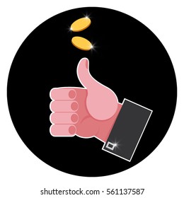 Hand tossing bright gold coins. Thumb up. svg