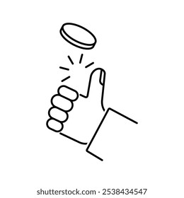Hand tossing coin into air. Random choice. Probability. Fortune telling. Heads, tails. Vector linear icon isolated on white background.
