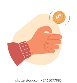 Mano lanzando moneda de oro. Palm arroja moneda de oro con signo de dólar. Ilustración vectorial plana
