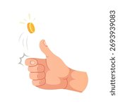 Hand tossing gold coin vector isolated on white backgroun.