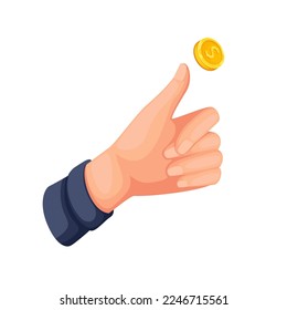 Hand tossing gold coin vector illustration. Cartoon fingers of man throw coin with dollar sign into air, toss and catch falling cash money with joy, financial freedom, luck and success of person svg