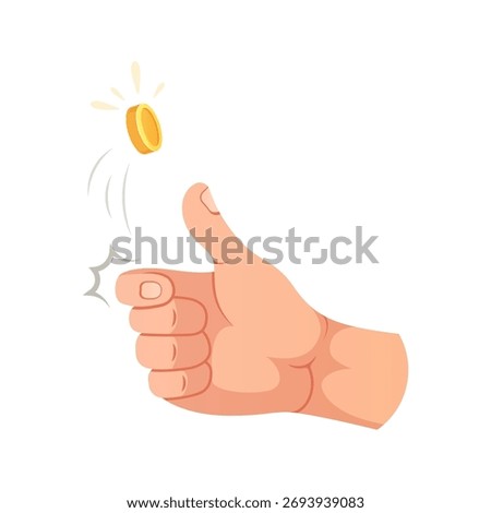Hand tossing gold coin vector isolated on white backgroun.