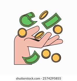 Hand tossing money in the air with cash and coin hand drawn illustration retro for finance and prosperity