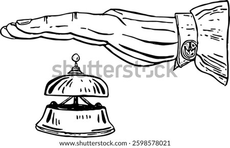 Hand touch a bell to call hotel. Hotel service. Hand drawn vector isolated sketch.