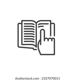Hand berühren Buchseiten Linie Symbol. lineares Stilzeichen für mobiles Konzept und Webdesign. Lesen Sie das Vektorsymbol der Buchumrisslinie. Symbol, Logo-Abbildung. Vektorgrafik