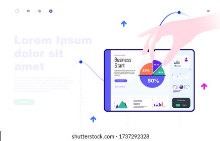Hand touch business graphics. Development technology and Innovations data systems productions. Future design, Innovations systems from comerc space. Vector isolated illustration