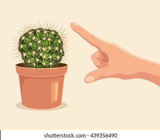 Hand touch cactus. Vector flat cartoon illustration