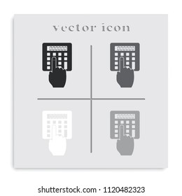Hand touch the calculator flat black and white vector icon.