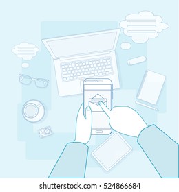 Hand Touch Cell Smart Phone Call, Business Office Workplace Desktop Angle Above View Vector Illustration