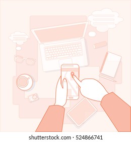 Hand Touch Cell Smart Phone Call, Business Office Workplace Desktop Angle Above View Vector Illustration