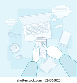 Hand Touch Cell Smart Phone Call, Business Office Workplace Desktop Angle Above View Vector Illustration