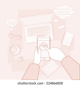 Hand Touch Cell Smart Phone Call, Business Office Workplace Desktop Angle Above View Vector Illustration