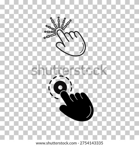 Hand touch and click icons for mobile apps, user interface and touchscreen interaction.