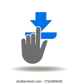 Vector de icono del botón de descarga táctil manual. Descargando el logotipo de datos. Ilustración de la flecha hacia abajo del dedo.