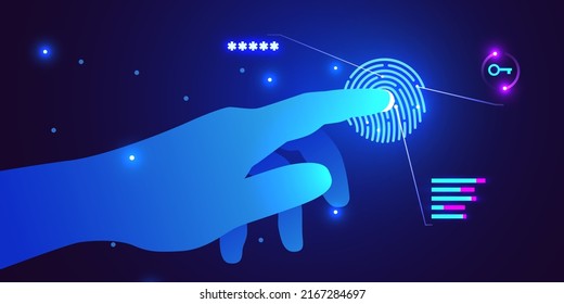 Hand touch fingerprint scanner. Biometrics Identify Authorization. Data protection and security. Vector illustration