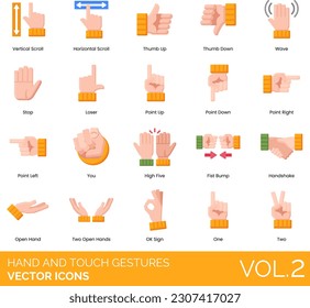 Iconos de gestos de mano y táctil, incluidos los de aire, aplausos, pausa (tiempo de espera), llamada, doble golpe, arrastre, signo de hilo, marco de dedo, pistola de dedo, ajuste de dedo, dedos cruzados, golpe de puño, cinco, martillo