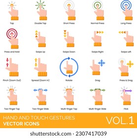 Hand and Touch Gestures Icons including Air Quotes, Applause, Break (Timeout), Call Me, Double Tap, Drag, Fig Sign, Finger Frame, Finger Gun, Finger Snap, Fingers Crossed, Fist Bump, Five, Flick
