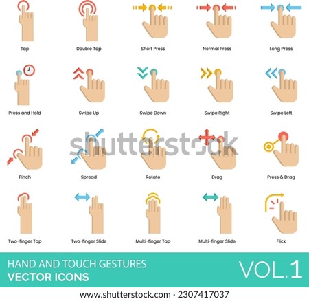 Hand and Touch Gestures Icons including Air Quotes, Applause, Call Me, Double Tap, Drag, Fig Sign, Finger Frame, Finger Gun, Finger Snap, Fingers Crossed, Fist Bump, Five, Flick, Four, Hand, Swipe Up