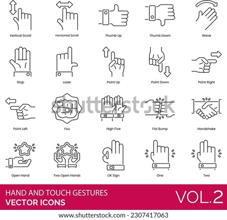 Hand and Touch Gestures Icons including Air Quotes, Applause, Call Me, Double Tap, Drag, Fig Sign, Finger Frame, Finger Gun, Finger Snap, Fingers Crossed, Fist Bump, Five, Flick, Four, Hand, Swipe Up