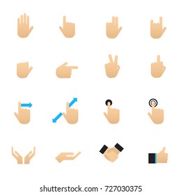 Hand and Touch Gestures. Set of Signs and Symbols Vector Illustration Color Icons Flat Style.