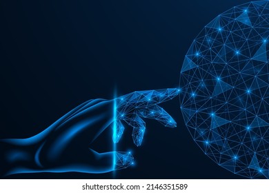 Hand touch of the global network connection. Polygonal design of lines and dots. Blue background.