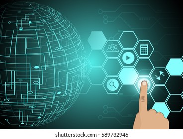 Hand touch with hexagon icon display technology concept background  