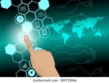 Hand touch with hexagon icon display technology concept background 