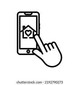 Hand touch icon with house of love in mobile phone. icon related to charity, affection, love. Line icon style. Simple design editable