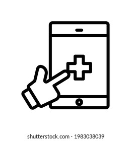 Hand touch line icon with phone. contact medical. Protection corona virus. simple illustration. Editable stroke. Design template vector