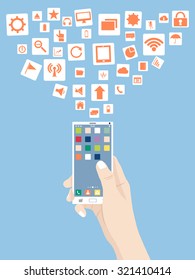 Hand touch mobile phone Concept with Business icons, technology icons and finance icons, Vector Illustration EPS 10.