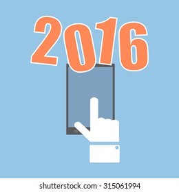 Hand touch mobile phone for New Year 2016 text design, Vector Illustration EPS 10.