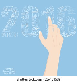 Hand touch New Year 2016 Text Design with Creative Doodle business, technology and strategy planning icon Idea, Vector Illustration EPS 10.