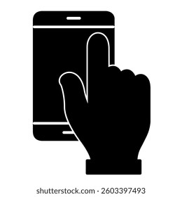 Hand touch on mobile icon in trendy silhouette style design. Vector illustration isolated on white background.