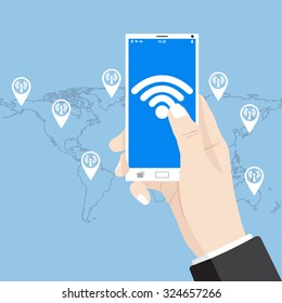 Hand touch on mobile phone network icon for network solution worldwide, Vector Illustration EPS 10.