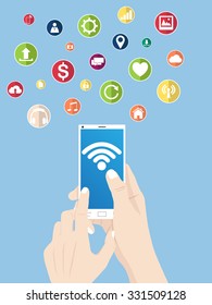 Hand touch on mobile phone network icon for network solution worldwide, Vector Illustration EPS 10.