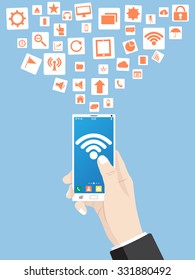 Hand touch on mobile phone network icon for network solution worldwide, Vector Illustration EPS 10.