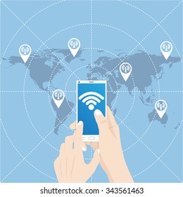 Hand touch on mobile phone network icon for network solution worldwide, Vector Illustration EPS 10.