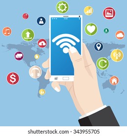 Hand touch on mobile phone network icon for network solution worldwide, Vector Illustration EPS 10.