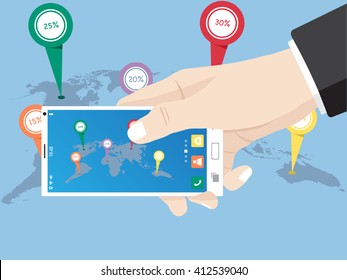 Hand touch on mobile phone network icon for network solution worldwide, Vector Illustration EPS 10.