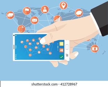 Hand touch on mobile phone network icon for network solution worldwide, Vector Illustration EPS 10.